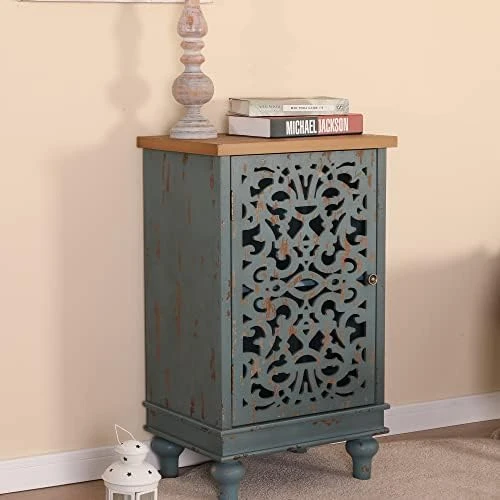 MFSTUDIO Accent Tall Wood Storage Cabinet Buffet Sideboard Hollow-Carved Floral 2 Doors Distressed Decorative For Living Room Kitchen Stand Entryway Hallway, 13.8" Dx31.5 Wx47.4 H, Blue 12 MFSTUDIO Accent Tall Wood Storage Cabinet Buffet Sideboard Hollow-Carved Floral 2 Doors Distressed Decorative For Living Room Kitchen Stand Entryway Hallway, 13.8" Dx31.5 Wx47.4 H, Blue - Image 12
