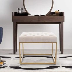 AWQM Tufted Ottoman Bench,Velvet Upholstered Seat,Footrest Chair,Rectangle Vanity Stool With Golden Metal Frame,Perfect For Dressing Room,Living Room,Entryway Or Bedroom,Beige…