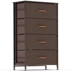 Fabric Dresser For Bedroom, Vertical Dresser Storage Tower, Steel Frame, Wood Top, Easy Pull Textured Fabric Bins, Organizer Unit For Bedroom, Hallway, Entryway, Closets, 4 Drawers, Coffee