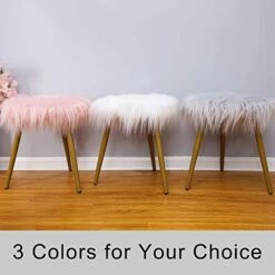 Glzifom Faux Fur Vanity Stool Chair, Fuzzy Fluzzy Round Ottoman, Covered Makeup Seat With Gold Metal Legs Upholstered Footrest Decorative For Living Room, Bedroom, Kids Room Gray -Best Furniture Store 41Gs4awHe7L
