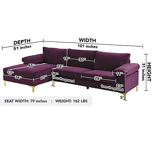 Casa Andrea Milano Modern Large Velvet Fabric Sectional Sofa Couch With Extra Wide Chaise Lounge With Golden Legs, L Shaped, Purple 3 Casa Andrea Milano Modern Large Velvet Fabric Sectional Sofa Couch With Extra Wide Chaise Lounge With Golden Legs, L Shaped, Purple - Image 3