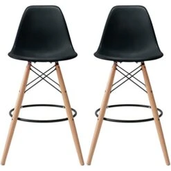 2xhome - Set Of Two (2) -Black- 25" Seat Height Molded Plastic Modern Counter Stools With Backs And Armless Natural Legs Wood Eiffel Legs Dowel-Leg