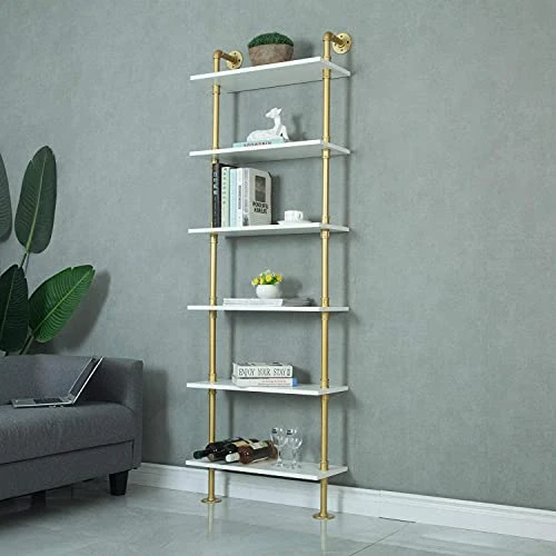 GGO Industrial 6-Tier Pipe Shelves Rustic Wood Ladder Bookshelf Wall Mounted Shelf For Living Room Decor And Storage (Glod) 1 GGO Industrial 6-Tier Pipe Shelves Rustic Wood Ladder Bookshelf Wall Mounted Shelf For Living Room Decor And Storage (Glod)