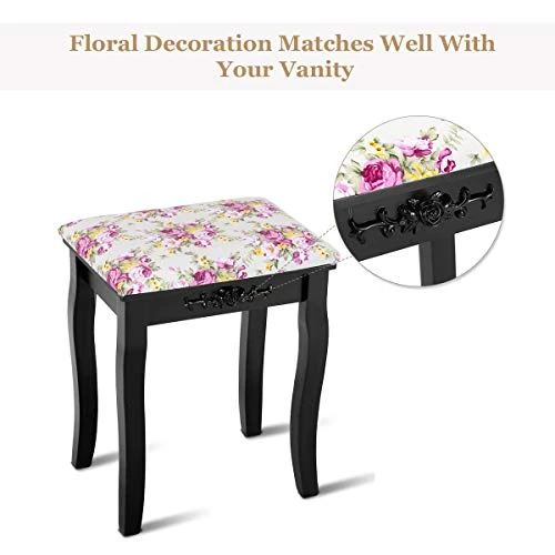 Vanity Stool Wood Dressing Padded Chair Makeup Piano Seat Make Up Bench W/Rose Cushion (Black) 4 Vanity Stool Wood Dressing Padded Chair Makeup Piano Seat Make Up Bench W/Rose Cushion (Black) - Image 4