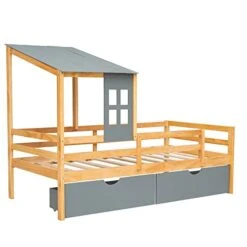 DUNTRKDU Twin Size House Low Loft Bed With 2 Storage Drawers, Roof & Window Design, Safety Full Length Guardrail For Teens/Girls/Boys (Grey) -Best Furniture Store 41HcpduoBRL