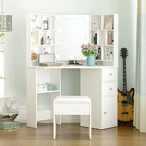 Corner Vanity Desk With Lighted Mirror & Power Strip,White Makeup Vanity Table With Lights,42 Inch Corner Vanity Mirror With Lights And 4 Drawer, 3 Lighting Modes, Brightness Adjustable 10 Corner Vanity Desk With Lighted Mirror & Power Strip,White Makeup Vanity Table With Lights,42 Inch Corner Vanity Mirror With Lights And 4 Drawer, 3 Lighting Modes, Brightness Adjustable - Image 10