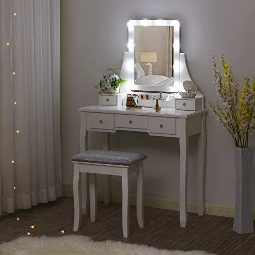 Anity Set With Lighted Mirror, 10 LED Dimmable Bulbs, Cushioned Stool, Makeup Vanity Makeup Table Dressing Table 5 Drawers 2 Dividers Removable Organizers White FST08W 2 Anity Set With Lighted Mirror, 10 LED Dimmable Bulbs, Cushioned Stool, Makeup Vanity Makeup Table Dressing Table 5 Drawers 2 Dividers Removable Organizers White FST08W - Image 2