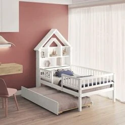 DEINPPA Twin Size House Bed With Bookcase Headboard, Wooden House Bed Frame With Fence Guardrails And Drawers, No Box Spring Needed, For Kids Toddler-Grey 20 DEINPPA Twin Size House Bed With Bookcase Headboard, Wooden House Bed Frame With Fence Guardrails And Drawers, No Box Spring Needed, For Kids Toddler-Grey -Best Furniture Store 41IKdl3yzYL. AC