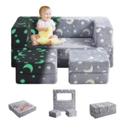 Kids Couch, Glow In The Dark Modular Kids Explore Sofa For Toddler 3 In 1 Fold Out Kids Toddler Sofa, Convertible Plush Toddler Couch With Washable And Durable Covers