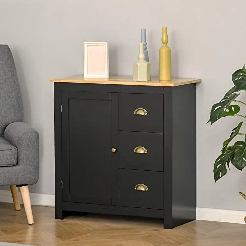HOMCOM Modern Kitchen Cabinet, Storage Sideboard, Buffet Table With Rubberwood Top, 3 Drawers And Cabinet With Adjustable Shelf, Black 2 HOMCOM Modern Kitchen Cabinet, Storage Sideboard, Buffet Table With Rubberwood Top, 3 Drawers And Cabinet With Adjustable Shelf, Black - Image 2
