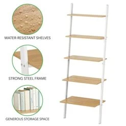 MDesign 5-Tier Leaning Ladder Bookshelf - Rustic Ladder-Style Shelf Bookcase - Decorative Slanted Storage Rack W/Composite Wood Shelves For Bathroom, Living Room - Ladder Shelves - White/Modern Oak -Best Furniture Store 41Iy84XfPkL