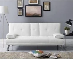 Naomi Home White Futon Sofa Bed, Faux Leather Futon Couch With Armrest And 2 Cupholders, Pull Out Sofa Bed Couch With Metal Legs, Reclining Small Couch Bed, White Futon Sofa Bed For Living Room -Best Furniture Store 41J0Ojtb1L. AC