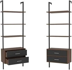 LyuHome Wall Mounted Ladder Shelf, Modern 5-Tier Ladder Bookshelf With Drawers, Metal And Wood Bookcase With Storage Cabinet For Home Office Walnut -Best Furniture Store 41J9XYRhiCL. AC