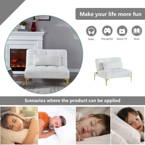 Modern Convertible Futon Sofa Bed Couch With Gold Metal Legs, Futon Sleeper Couch Daybed Single Chair With Teddy Fabric & Pillow For Apartment Office Small Space Living Room (White Teddy) 1 Modern Convertible Futon Sofa Bed Couch With Gold Metal Legs, Futon Sleeper Couch Daybed Single Chair With Teddy Fabric & Pillow For Apartment Office Small Space Living Room (White Teddy)