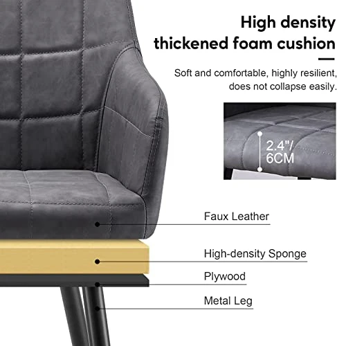 CLIPOP Upholstered Modern Dining Chair Set Of 4, Faux Leather Kitchen Armchair With Padded Seat, Armrest, Heavy Duty Metal Leg, Leisure Side Chair For Living Room Lounge Cafe, Light Grey 4 CLIPOP Upholstered Modern Dining Chair Set Of 4, Faux Leather Kitchen Armchair With Padded Seat, Armrest, Heavy Duty Metal Leg, Leisure Side Chair For Living Room Lounge Cafe, Light Grey - Image 4