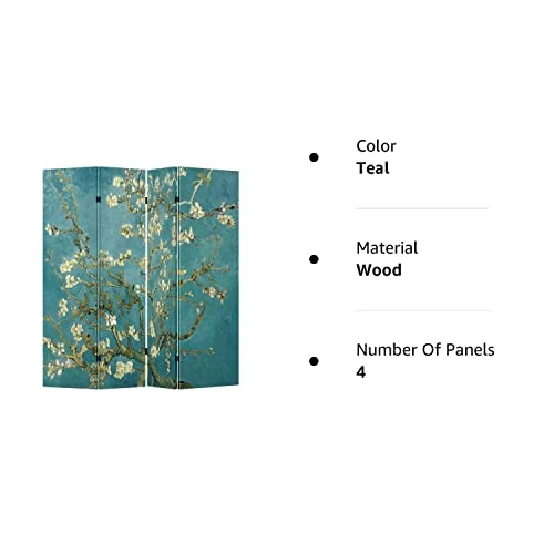 4 Panel (Original Teal Color) Wood Folding Screen Decorative Canvas Privacy Partition Room Divider - Vincent Van Gogh's Almond Blossoms 2 4 Panel (Original Teal Color) Wood Folding Screen Decorative Canvas Privacy Partition Room Divider - Vincent Van Gogh's Almond Blossoms - Image 2