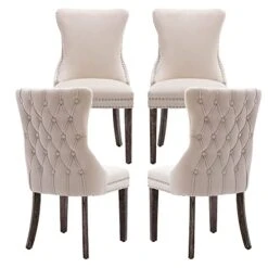 KCC Velvet Dining Chairs Set Of 4, Tufted Upholstered Wingback High-end Dining Kitchen Chair With Nailhead Solid Wood Legs, Contemporary Nikki Collection Modern Style, Beige