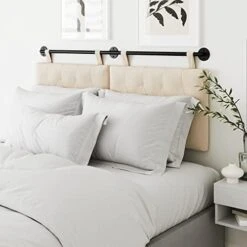 Harlow Modern Wall Mount Hanging Upholstered Headboard, Queen, Gray With Brown Faux Leather Straps -Best Furniture Store 41K4rs7r2JL. AC