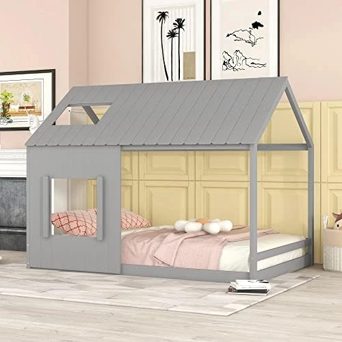 HZSSDTKJ Twin Size Low Wood House Bed With Roof And Window,Wooden Floor Platform Bed Frame With Wood Slats Support,Playhouse Design For Kids Girls Boys Teens Bedroom Furniture (Gray+Natural, Twin) 8 HZSSDTKJ Twin Size Low Wood House Bed With Roof And Window,Wooden Floor Platform Bed Frame With Wood Slats Support,Playhouse Design For Kids Girls Boys Teens Bedroom Furniture (Gray+Natural, Twin) - Image 8