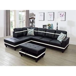 A Ainehome Sectional Couch Set L Shape 103" Wide Sofa Faux Leather For Living Room With Chaise Lounge And Removable Ottoman For Home Furniture Room Decor (Left Hand Facing,Black)