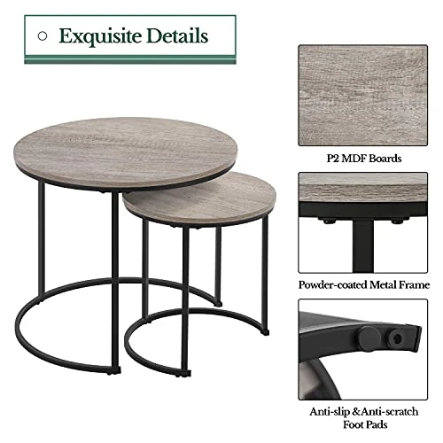 Yaheetech Nesting Coffee Table Set Of 2, Nesting Table, Rustic Stacking Side Tables, Nesting End Table Set W/Round Wooden Tabletop And Sturdy Metal Base For Living Room,Small Space, Gray 5 Yaheetech Nesting Coffee Table Set Of 2, Nesting Table, Rustic Stacking Side Tables, Nesting End Table Set W/Round Wooden Tabletop And Sturdy Metal Base For Living Room,Small Space, Gray - Image 5