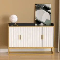 WILLIAMSPACE 46.8" Modern Sideboard Buffet Cabinet With 4 Doors & Adjustable Shelf & Gold Metal Frame, Floor Storage Cabinet, Standing Side Cabinet For Living Room, Hallway, Kitchen - Black&White&Gold
