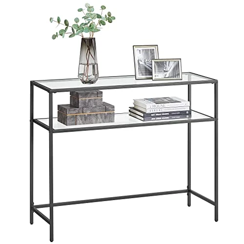 VASAGLE 39.4 Inch Console Sofa Table, Modern Entryway Table, Tempered Glass Table, Metal Frame, 2 Shelves, Adjustable Feet, For Living Room, Hallway, Black ULGT025B01 1 VASAGLE 39.4 Inch Console Sofa Table, Modern Entryway Table, Tempered Glass Table, Metal Frame, 2 Shelves, Adjustable Feet, For Living Room, Hallway, Black ULGT025B01