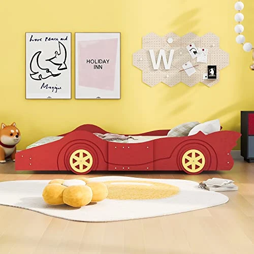 NCKMYB Twin Size Race Car Bed Kid Platform Bed Wooden Floor Bed Car Shaped Toddler Bed Frame For Boy Girl Junior,Red 3 NCKMYB Twin Size Race Car Bed Kid Platform Bed Wooden Floor Bed Car Shaped Toddler Bed Frame For Boy Girl Junior,Red - Image 3