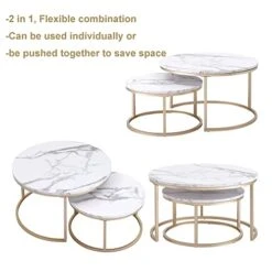 Yusong Round Nesting Coffee Tables Set Of 2, Living Room Accent Center Tables With Marble Pattern Wooden Tabletops And Gold Metal Frame, Modern Side End Tables For Bedroom, White -Best Furniture Store 41Ko48GmBiL