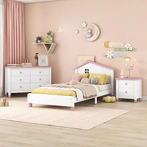 JIVOIT Wooden 3-Pieces Bedroom Sets, Twin Size Platform Bed With 2-Drawers Nightstand And 6-Drawer Storage Dresser, Contrasting Color Design Set For Kids Bedroom 1 JIVOIT Wooden 3-Pieces Bedroom Sets, Twin Size Platform Bed With 2-Drawers Nightstand And 6-Drawer Storage Dresser, Contrasting Color Design Set For Kids Bedroom