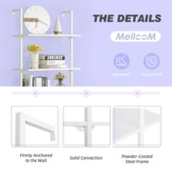 MELLCOM 5 Tier Industrial Ladder Shelf, Wood Modern Bookshelf With White Metal Frame, Wall-Mounted Plant Flower Storage Organizer For Living Room, Bathroom, Kitchen, Balcony -Best Furniture Store 41L7rw39HCL