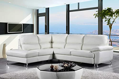 Cortesi Home Contemporary Miami Genuine Leather Sectional Sofa With Left Facing Chaise Lounge, Off White 80"x98" 1 Cortesi Home Contemporary Miami Genuine Leather Sectional Sofa With Left Facing Chaise Lounge, Off White 80"x98"