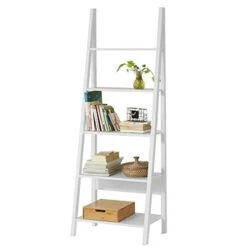 Haotian FRG61-W, White Modern 5 Tiers Ladder Shelf Bookcase, Storage Display Shelving, Wall Shelf