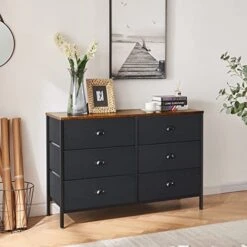 Larger 46.7''W 6 Drawer Dresser For Bedroom, Wide Fabric Dresser, Chest Dresser Organizer, Metal Handles, For Closet, Nursery, Living Room, Hallway - Black -Best Furniture Store 41M03SUkbeL