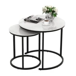 IDEALHOUSE Round Coffee Table Set Of 2, Modern Accent Marble Texture Coffee Tables For Living Room, Nesting Table For Reception Room And Office Room (Black)