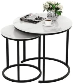 IDEALHOUSE Round Coffee Table Set Of 2, Modern Accent Marble Texture Coffee Tables For Living Room, Nesting Table For Reception Room And Office Room (Black) -Best Furniture Store 41MFwku7yWL. AC