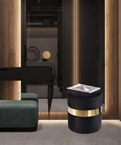 DEERUN Round Velvet Storage Ottoman Foot Rest Stool/Upholstered Footstool/Side Table Seat Make Up Stool With Stainless Steel Band, Pack Of 2 (Black) -Best Furniture Store 41MSB9t07EL