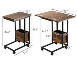 Hadulcet Sofa Side Table, Foldable End Table With Storage Basket, C Shaped Table With Wheels For Living Room Bedroom Small Spaces, Rustic Brown -Best Furniture Store 41MifAcOflL