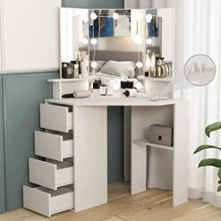 Corner Vanity Desk With Lighted Mirror & Power Strip,White Makeup Vanity Table With Lights,42 Inch Corner Vanity Mirror With Lights And 4 Drawer, 3 Lighting Modes, Brightness Adjustable
