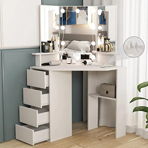 Corner Vanity Desk With Lighted Mirror & Power Strip,White Makeup Vanity Table With Lights,42 Inch Corner Vanity Mirror With Lights And 4 Drawer, 3 Lighting Modes, Brightness Adjustable 1 Corner Vanity Desk With Lighted Mirror & Power Strip,White Makeup Vanity Table With Lights,42 Inch Corner Vanity Mirror With Lights And 4 Drawer, 3 Lighting Modes, Brightness Adjustable