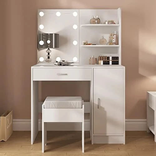 Makeup Vanity With Lights, Vanity Desk With Mirror And Lights Set, Large Drawer And Two-Tier Lots Storage Cabinet Dresser, 3 Lighting Modes Adjustable Brightness, Makeup Table For Bedroom, White 8 Makeup Vanity With Lights, Vanity Desk With Mirror And Lights Set, Large Drawer And Two-Tier Lots Storage Cabinet Dresser, 3 Lighting Modes Adjustable Brightness, Makeup Table For Bedroom, White - Image 8