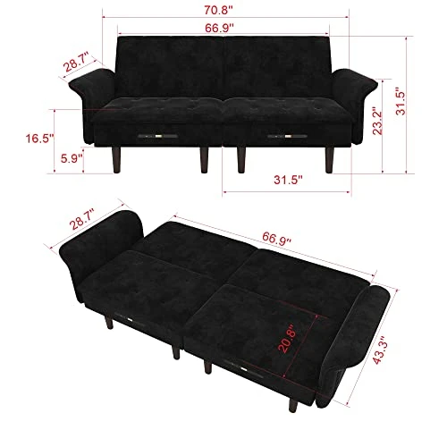 Charging Futon Sofa Bed, Velvet Convertible Sleeper Sofa Tufted Upholstered Couch With Adjustable Backrest & Armrest, Modern Accent Loveseat USB Chargeable Couch Bed For Home Living Room (Black) 1 Charging Futon Sofa Bed, Velvet Convertible Sleeper Sofa Tufted Upholstered Couch With Adjustable Backrest & Armrest, Modern Accent Loveseat USB Chargeable Couch Bed For Home Living Room (Black)