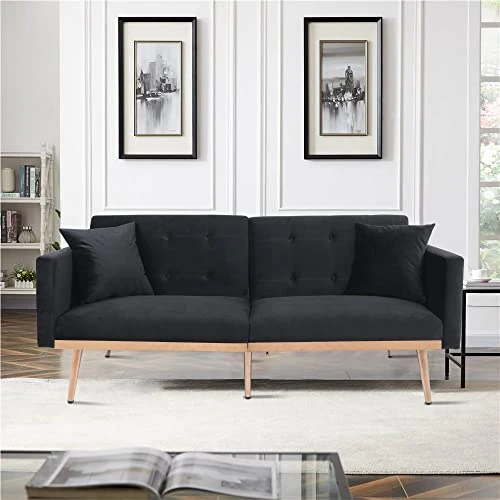QHITTY Velvet Couch, Accent Sofa Couch Sleeper Loveseat Sofa Bed With Rose Gold Metal Feet And 2 Pillows For Living Room, Office (Black) 1 QHITTY Velvet Couch, Accent Sofa Couch Sleeper Loveseat Sofa Bed With Rose Gold Metal Feet And 2 Pillows For Living Room, Office (Black)