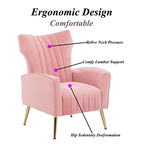 Altrobene Velvet Accent Chair Modern Wingback Comfy Chair Tufted Reading Armchair With Gold Legs For Living Room/Bedroom, Light Pink 6 Altrobene Velvet Accent Chair Modern Wingback Comfy Chair Tufted Reading Armchair With Gold Legs For Living Room/Bedroom, Light Pink - Image 6