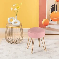 Duhome Velvet Ottoman, Makeup Vanity Stool, Contemporary Stool, Mongolian Round Metal Stool, Vanity Stool, Furry Ottoman Stool, Modern Accent Stools, Pink -Best Furniture Store 41OZnPoa1DL