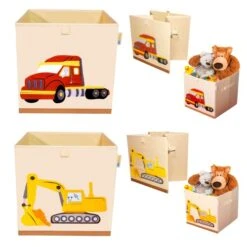 Product 4 Kids - Washable Toy Box Storage Cube, Canvas Toy Chest Organizer Foldable Kids Toy Storage Organizers For Child's Bedroom Or Playroom -13x13x13 Inch (Truck+ Excavator)