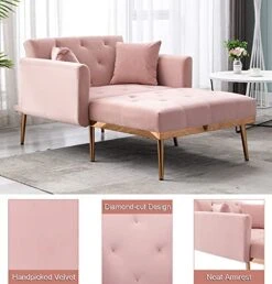 SLEERWAY Velvet 2 In 1 Chaise Lounge Chair Indoor, Modern Single Sofa Bed With Two Pillows, Recliner Chair With 3 Adjustable Angles, Convertible Sleeper Chair For Living Room And Bedroom (Pink) -Best Furniture Store 41OnfHZueZL