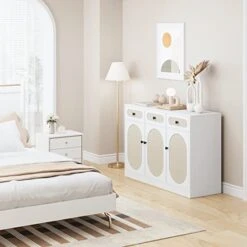 FOTOSOK Buffet Cabinet, Rattan Kitchen Cabinet With 3 Doors And 3 Drawers, Sideboard With Storage And Adjustable Shelves, Rattan Buffet Table For Kitchen Dining Room Living Room Hallway 6 FOTOSOK Buffet Cabinet, Rattan Kitchen Cabinet With 3 Doors And 3 Drawers, Sideboard With Storage And Adjustable Shelves, Rattan Buffet Table For Kitchen Dining Room Living Room Hallway -Best Furniture Store 41OoHyFTWJL