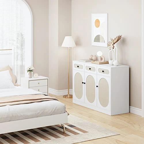 FOTOSOK Buffet Cabinet, Rattan Kitchen Cabinet With 3 Doors And 3 Drawers, Sideboard With Storage And Adjustable Shelves, Rattan Buffet Table For Kitchen Dining Room Living Room Hallway 3 FOTOSOK Buffet Cabinet, Rattan Kitchen Cabinet With 3 Doors And 3 Drawers, Sideboard With Storage And Adjustable Shelves, Rattan Buffet Table For Kitchen Dining Room Living Room Hallway - Image 3