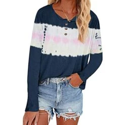 Meikosks Scoop Neck-Henley Shirts Women's Casual Long Sleeve Plus Size Tops Tie-Dye Button Blouses
